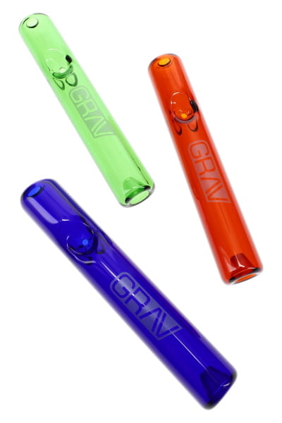 Three colored glass mini steamroller hand pipes in green, blue, and amber, shown in group product view