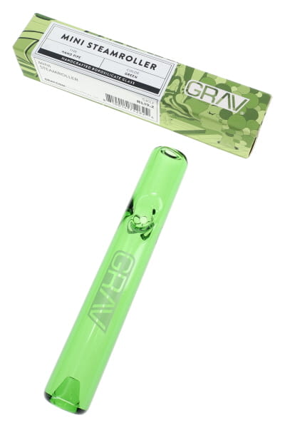 Green glass mini steamroller hand pipe with GRAV retail box, shown in angled product packaging view