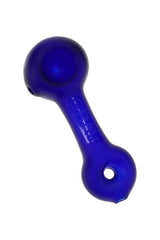Cobalt blue frosted glass spoon hand pipe with GRAV logo and rounded bowl, shown in angled front view