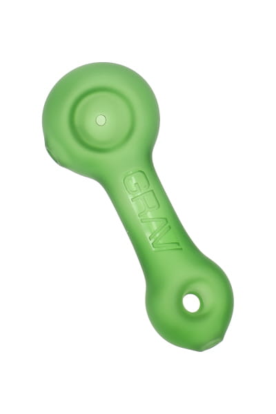 Lime green frosted glass spoon hand pipe with GRAV logo and carb hole, shown in angled product view