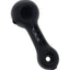 Matte black glass spoon hand pipe with embossed GRAV logo and deep bowl, shown in angled side view