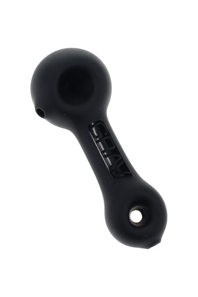Matte black glass spoon hand pipe with embossed GRAV logo and deep bowl, shown in angled side view