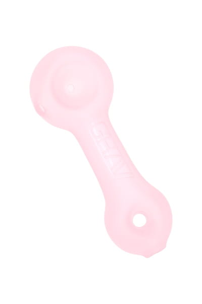 Pale pink frosted glass spoon hand pipe with GRAV logo and rounded bowl, shown in angled side view