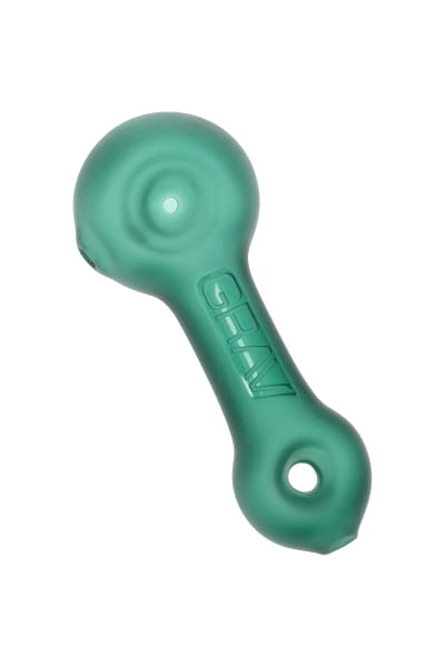 Teal frosted glass spoon hand pipe with GRAV logo and side carb, shown in angled product view