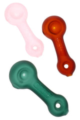 Three GRAV sandblasted mini spoon hand pipes in matte pink, amber, and teal shown in angled group view