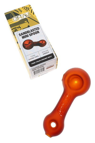 Amber GRAV sandblasted mini spoon hand pipe with retail box shown in close product packaging view