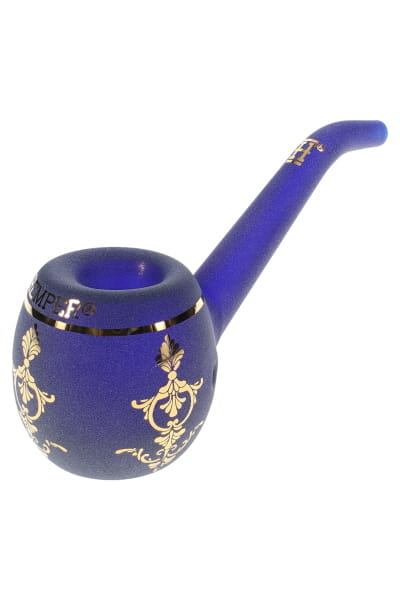 Compact jeweled egg hand pipe with rounded bowl, metallic blue finish, and decorative gold-look detailing