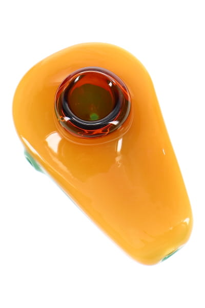 Avocado novelty hand pipe with green body, dark pit-style bowl, and compact 4.5-inch glass profile