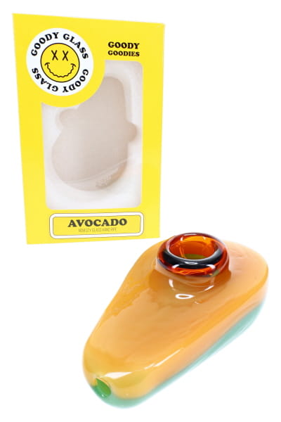 Green 4.5-inch glass hand pipe shaped like an avocado with produce sticker graphic in angled product view