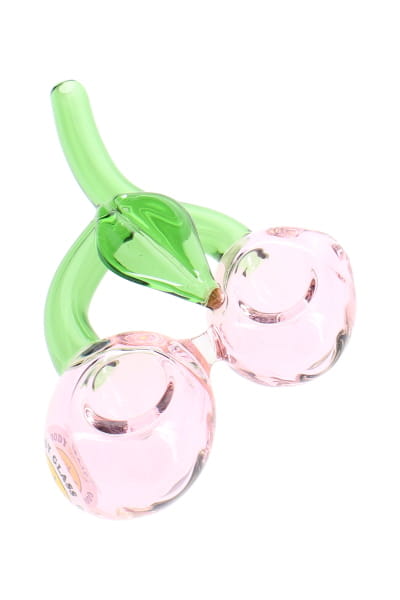 Goody Glass lucky cherry hand pipe with red fruit bodies, green stem, and compact novelty glass profile