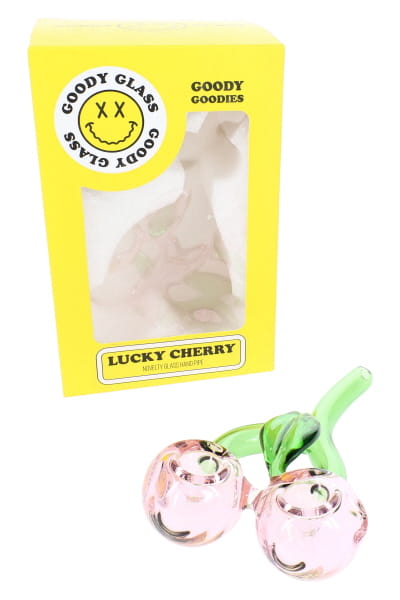 Cherry-shaped 4.5-inch glass hand pipe with twin red bowls and curved green stem in angled product view