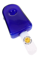 Close-up of cobalt blue 4.5-inch popsicle hand pipe with rounded bowl and white handle
