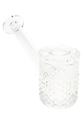 Clear Jane West glass hand pipe angled view with raised geometric texture and wide mouthpiece