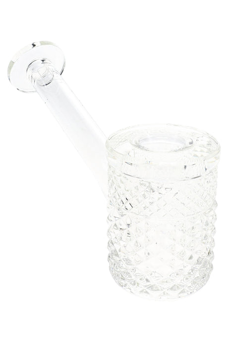 Clear Jane West glass hand pipe angled view with raised geometric texture and wide mouthpiece
