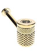 Gold Jane West glass hand pipe with raised diamond texture and Art Deco-inspired shape