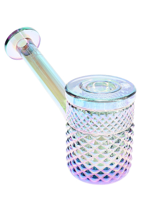 Mermaid Jane West hand pipe with iridescent glass finish, textured bowl, and disc mouthpiece