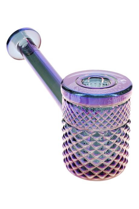 Midnight Jane West glass hand pipe with dark blue-purple shimmer and sculpted textured body