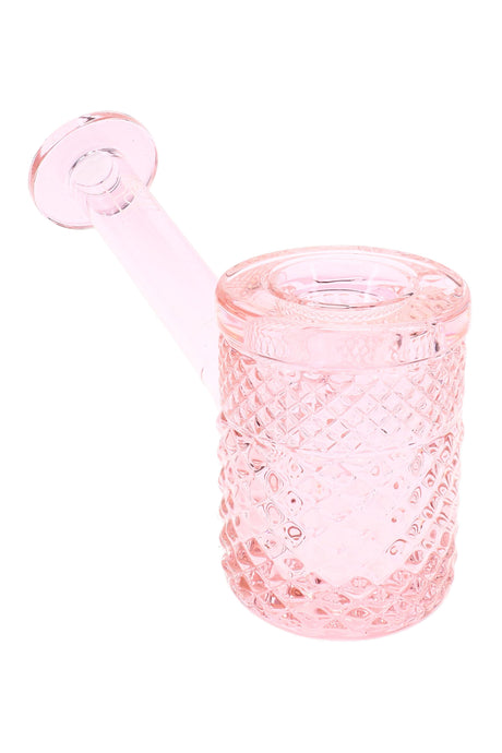 Pink Jane West glass hand pipe with rosy transparent body, textured bowl, and flat base
