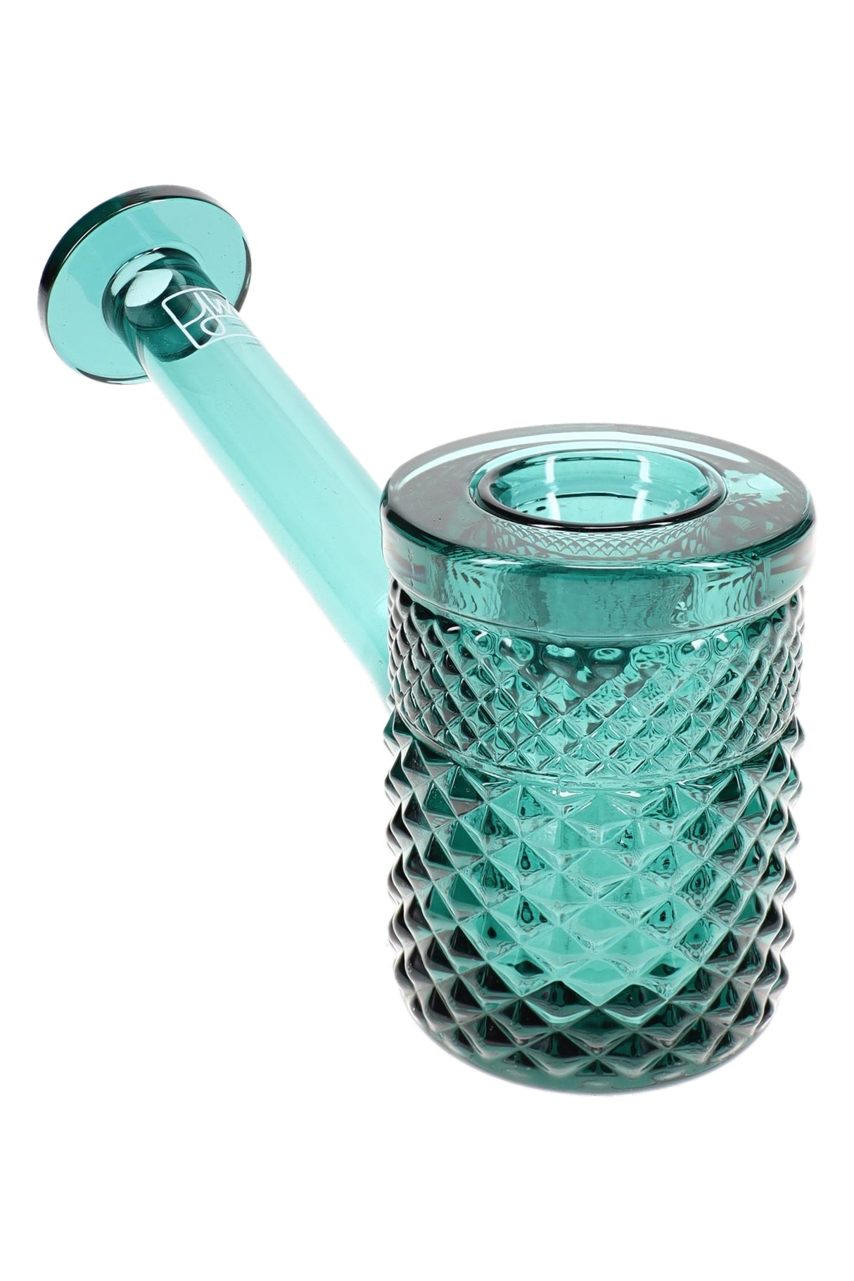 Teal Jane West hand pipe with raised diamond texture, clear stem, and wide disc mouthpiece