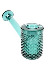 Teal Jane West hand pipe with raised diamond texture, clear stem, and wide disc mouthpiece