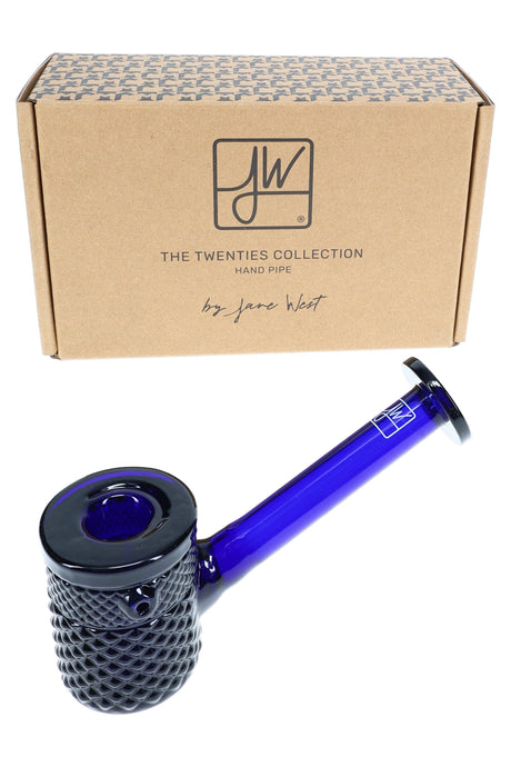 Cobalt Jane West glass hand pipe with signature box and foam insert for premium dry herb use