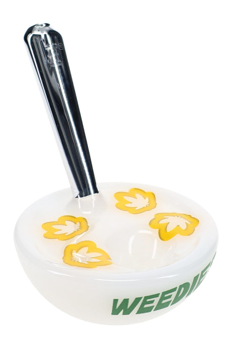 White cereal bowl glass hand pipe with green Weedies logo and clear Hemper mouthpiece