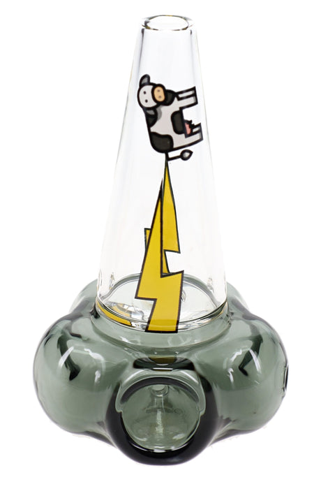 HEMPER Tornado glass hand pipe with smoky cloud bowl, clear mouthpiece, and yellow bolt decals