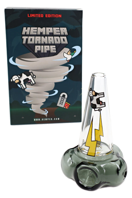 Side view of tornado-themed glass hand pipe showing cloud base, cow graphic, and tapered mouthpiece