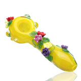 Empire Glassworks Sunshine Garden hand pipe angled view showing sculpted flowers and leafy glass detail