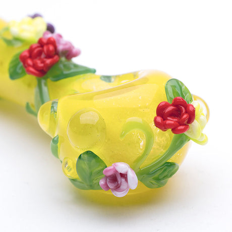 US-made Empire Glassworks Sunshine Garden glass pipe with bright lampwork flowers on a compact bowl