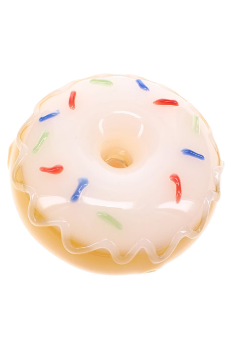 Donut-shaped glass hand pipe with white icing, colorful sprinkles, and golden glass edge