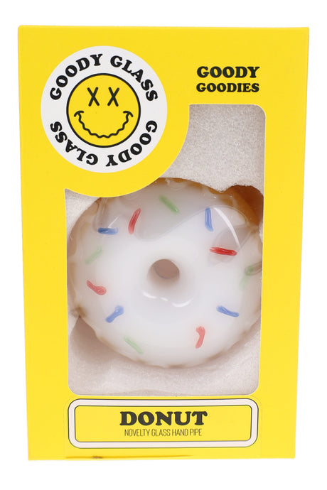 Goody Glass donut hand pipe in yellow retail box with white icing and sprinkle artwork