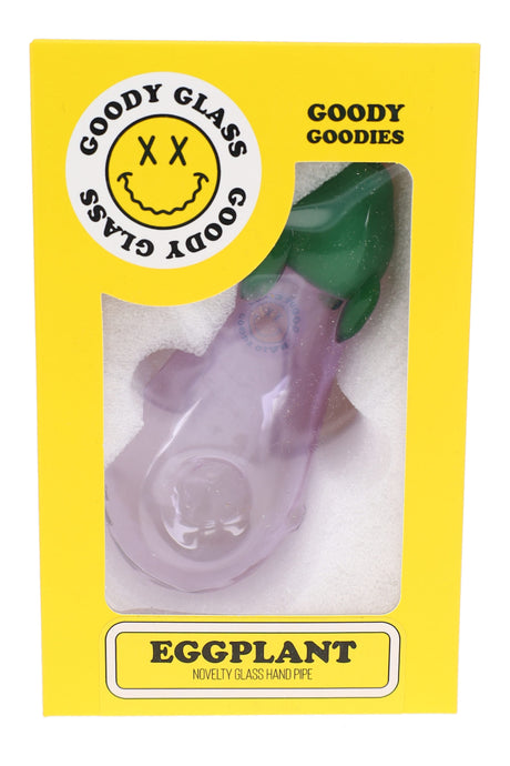 Goody Glass Eggplant hand pipe in yellow retail box with purple body and front display window