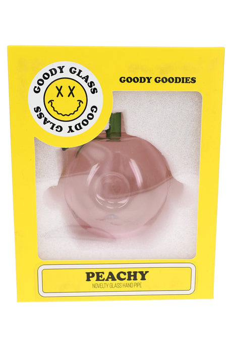 Goody Glass Peachy hand pipe in yellow retail box with pink peach body and front display window