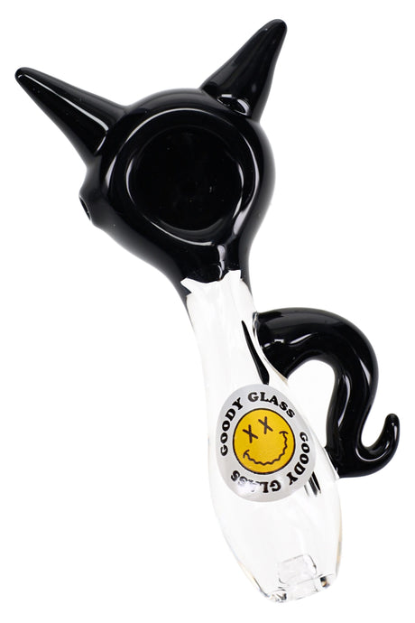 Black cat-shaped glass hand pipe with pointed ears, clear body, and curled black tail detail