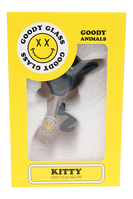 Goody Glass Kitty hand pipe in yellow Goody Animals box with black cat head and window display