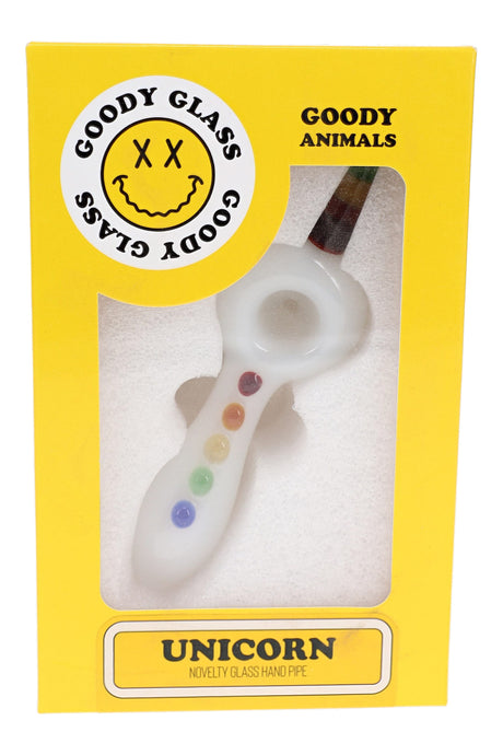 Goody Glass Unicorn hand pipe in yellow Goody Animals box with front display window