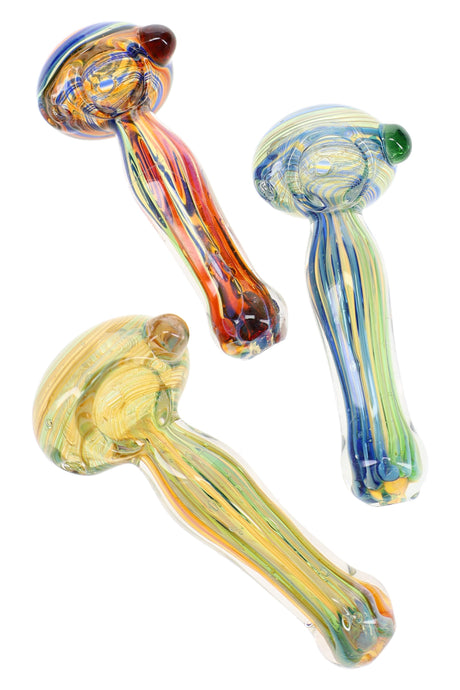 Assorted 4½″ silver fumed glass spoon pipes with multicolor stripes and side marble accents