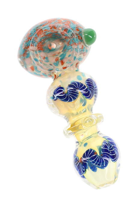 4″ silver fumed glass spoon pipe with blue striped ring accents, frit bowl, and green side marble