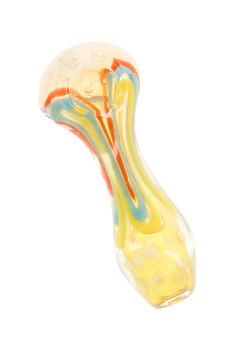 4″ color-changing glass spoon pipe with amber body, bright squiggle stripes, and bubble dot details