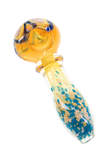 4″ gold fumed glass spoon pipe with multicolor frit mouthpiece, decorative ring, and striped bowl
