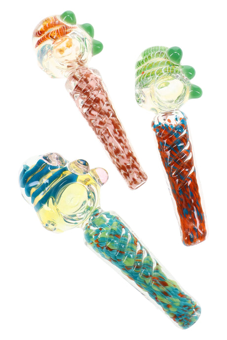 Assorted 4½″ color-changing glass spoon pipes with striped bowls, confetti frit, and marble accents