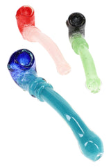Three 6½″ multicolor frit glass Sherlock pipes with curved stems and raised glass ring accents
