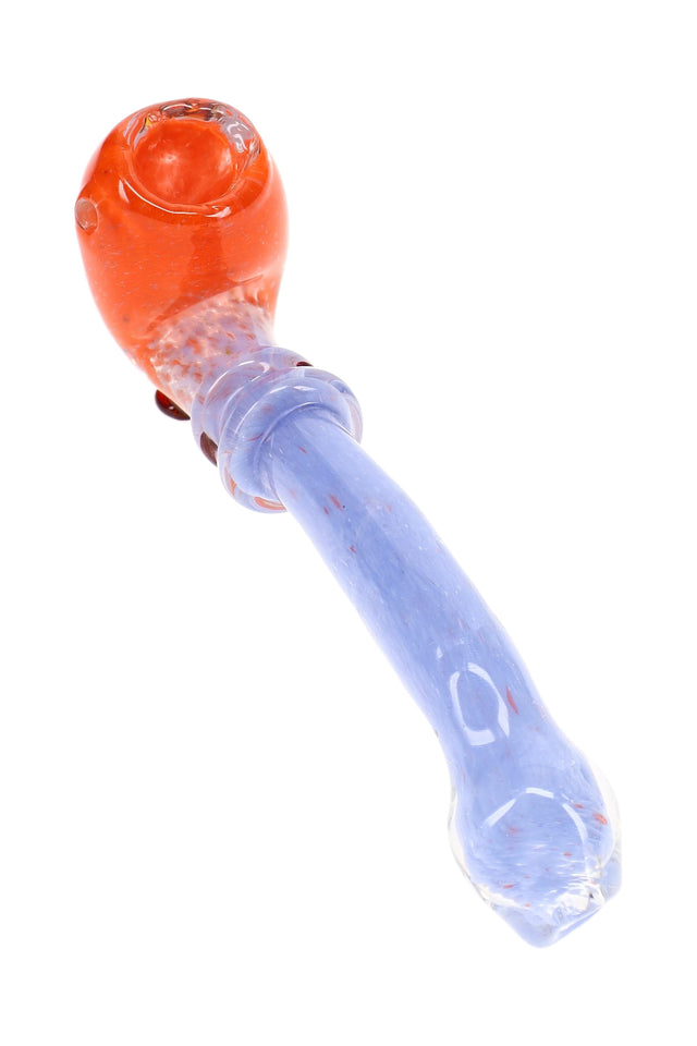 6½″ two-tone frit glass Sherlock hand pipe with speckled color body and decorative ring accents