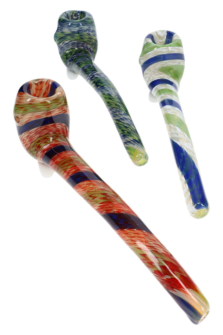 Two 7½″ color-changing glass Sherlock pipes with reverse swirl stripes and colored glass feet
