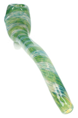 Close-up of 7½″ reverse swirl glass Sherlock pipe with colorful stripes and resting feet