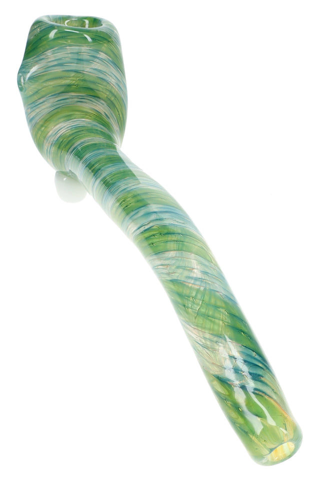 Close-up of 7½″ reverse swirl glass Sherlock pipe with colorful stripes and resting feet