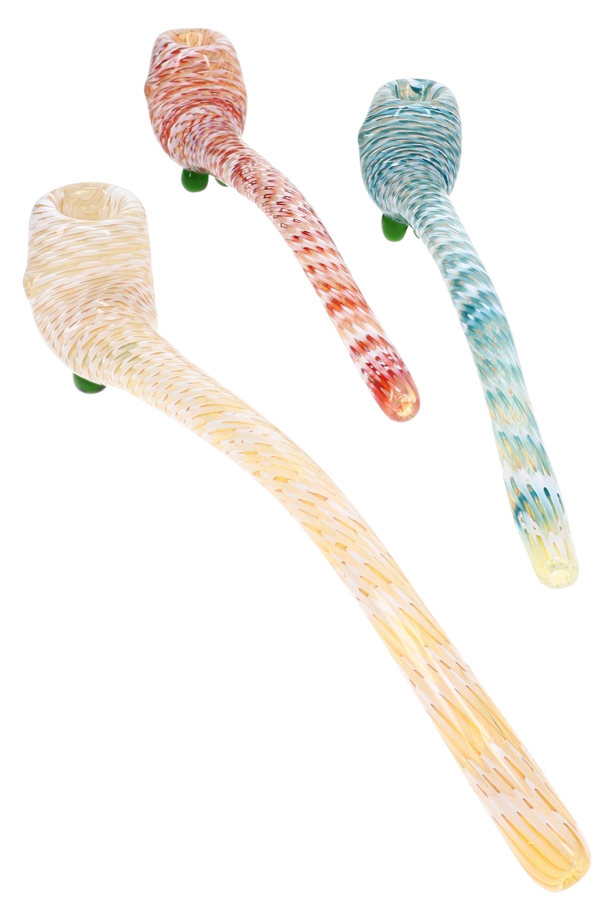 Two 10″ color-changing Sherlock pipes with spiral net stripes, curved glass stems, and marble feet