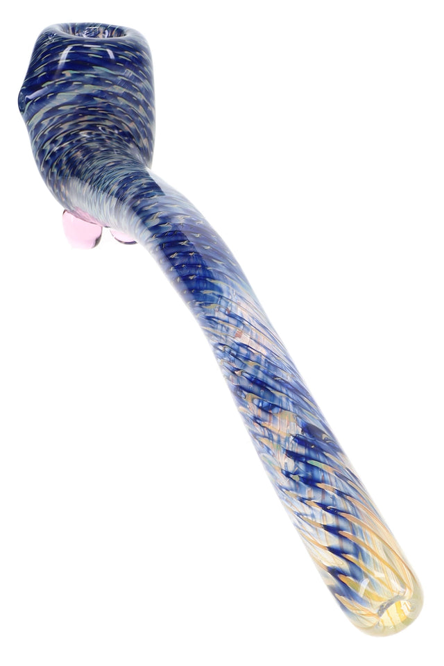 Close-up of 10″ net striped glass Sherlock pipe with silver fumed body and colored marble feet