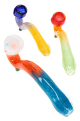 Three 7″ glass Sherlock pipes with tricolor frit bowls, curved clear stems, and colored glass feet